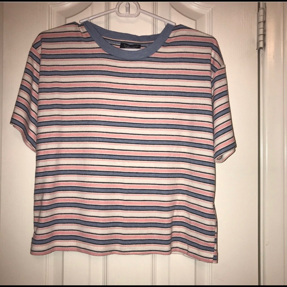 top shop white, pink, & blue striped shirt